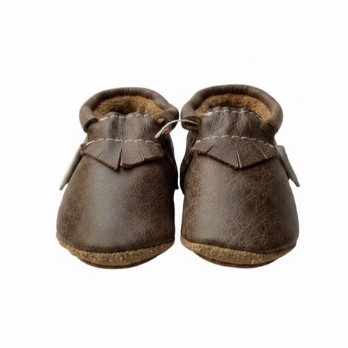 Classic fringe softsole vellies for infants- weathered brown