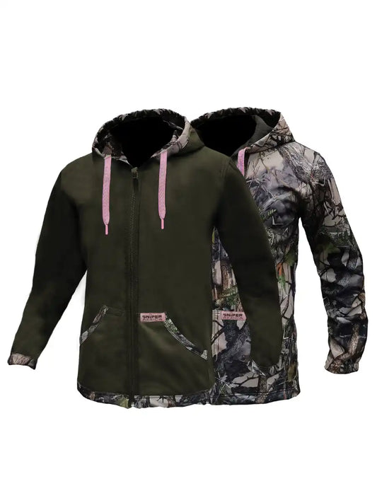 SNIPER AFRICA3D/OLIVE CAMO LADIES SOFTSHELL REVERSIBLE HOODY